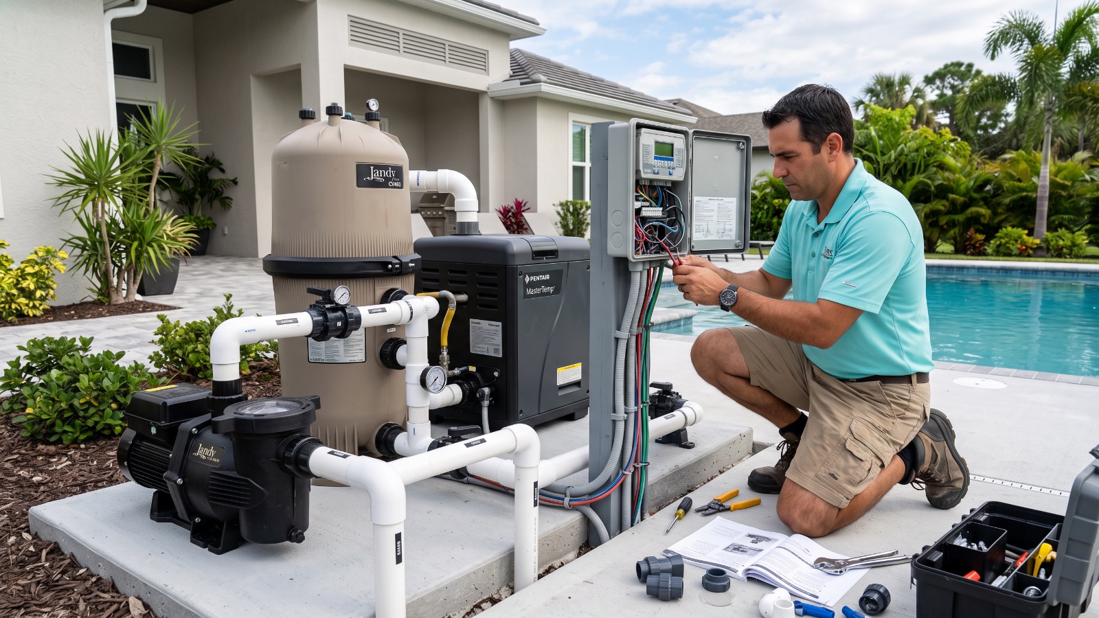 Variable-speed pump, filter, heater, and automation panel installed on a Little Coconut equipment pad