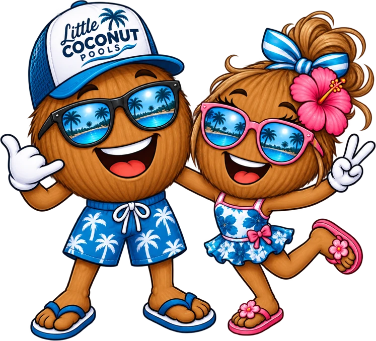 The Little Coconut Pools coconut characters in sunglasses and swimwear