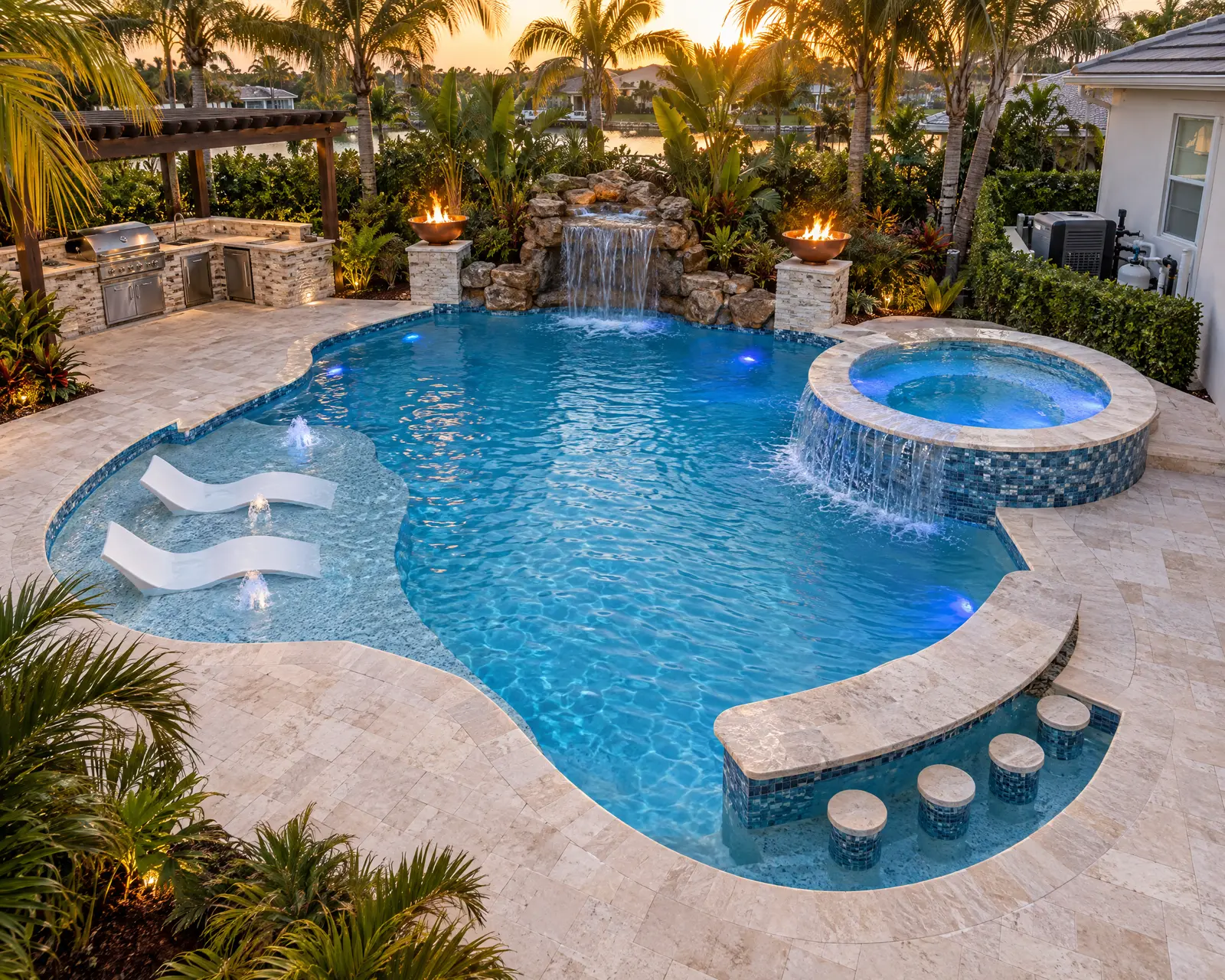 Renovated backyard pool at sunset with a spillover spa, sun shelf loungers, rock waterfall, fire bowls and a swim-up bar