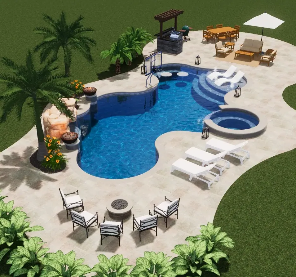 Plan your staycation with a freeform pool, spa, fire pit, outdoor kitchen and water features